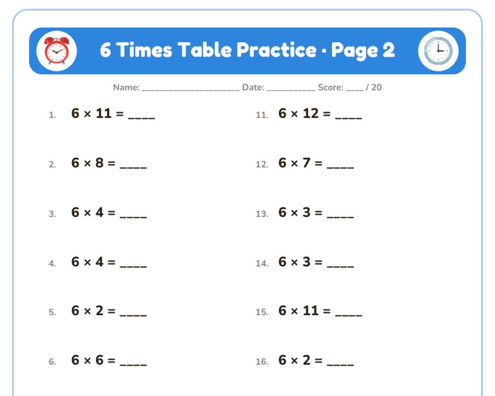 6 Times Table Practice Worksheets: 10 Printable Pages with Answer Key (3rd grade) printable preview 2