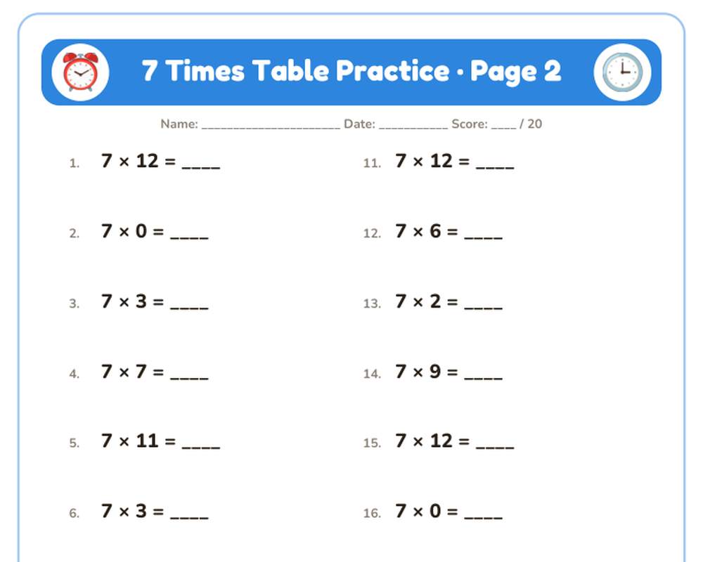 7 Times Table Practice Worksheets: 10 Printable Pages with Answer Key (3rd grade) printable preview 2