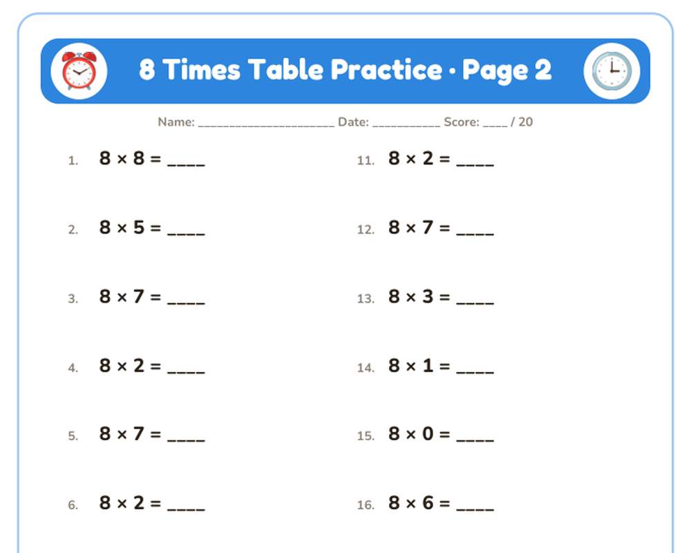 8 Times Table Practice Worksheets: 10 Printable Pages with Answer Key (3rd grade) printable preview 2