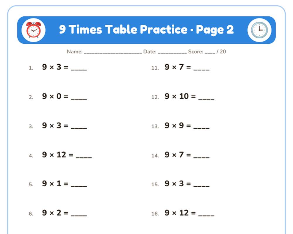 9 Times Table Practice Worksheets: 10 Printable Pages with Answer Key (3rd grade) printable preview 2