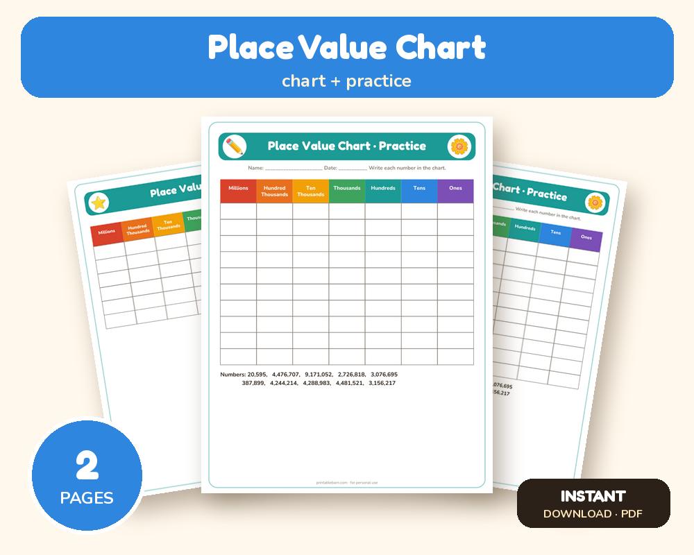 Place Value Chart to the Millions + Practice Page (Printable)