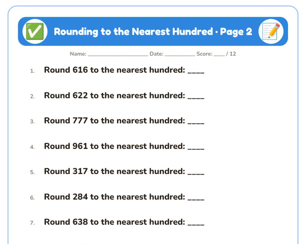 Free printable Rounding to the Nearest Hundred sample page