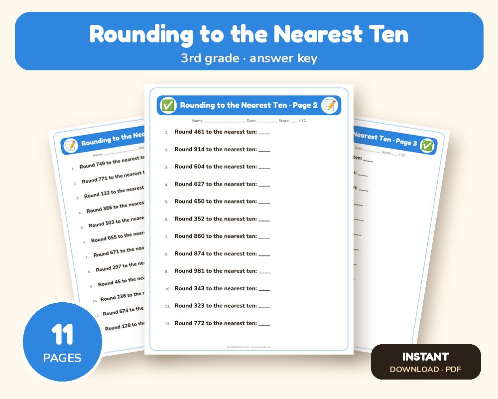 Rounding to the Nearest Ten Worksheets: 10 Printable Pages with Answer Key (3rd grade) printable preview 1