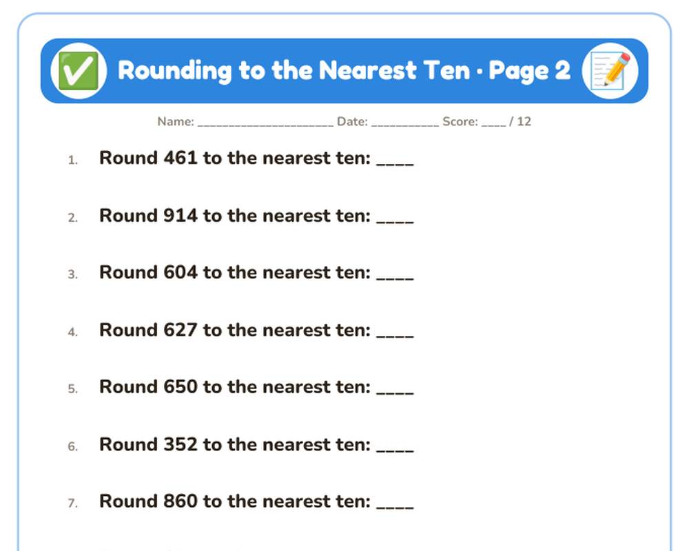 Rounding to the Nearest Ten Worksheets: 10 Printable Pages with Answer Key (3rd grade) printable preview 2