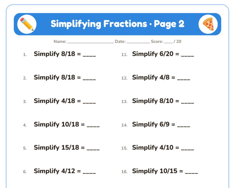 Simplifying Fractions Worksheets: 10 Printable Pages with Answer Key (4th–5th grade) printable preview 2