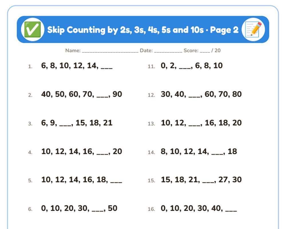 Free printable Skip Counting by 2s, 3s, 4s, 5s and 10s sample page