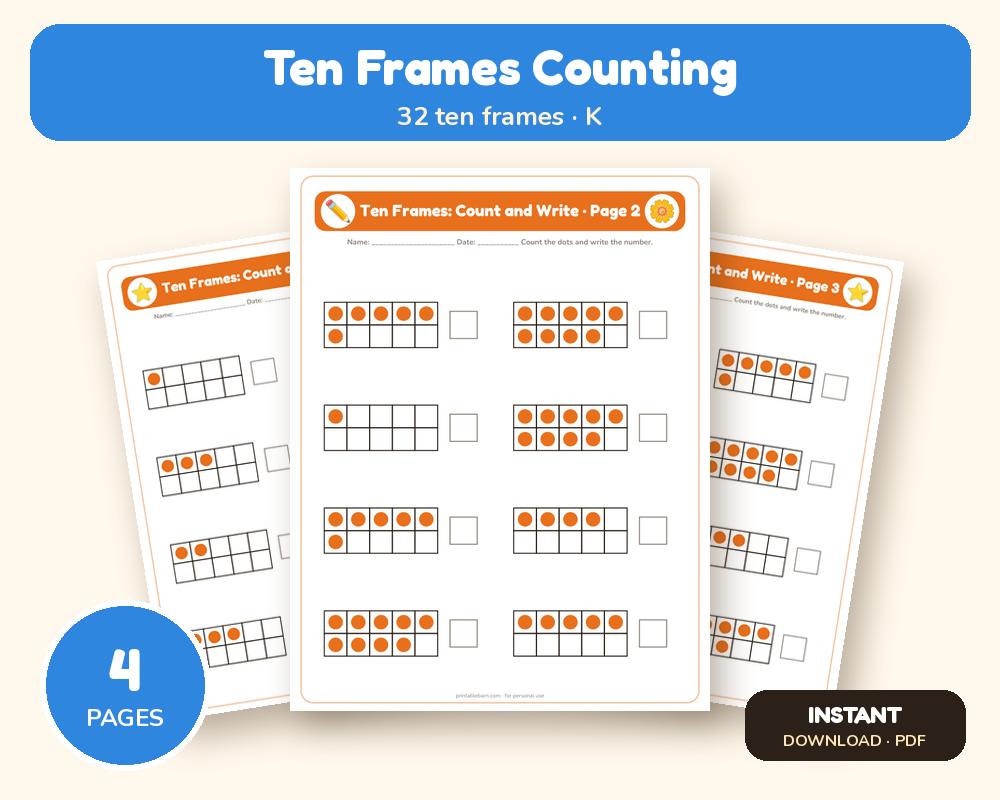 Ten Frames Counting Worksheets: 4 Printable Pages (K)