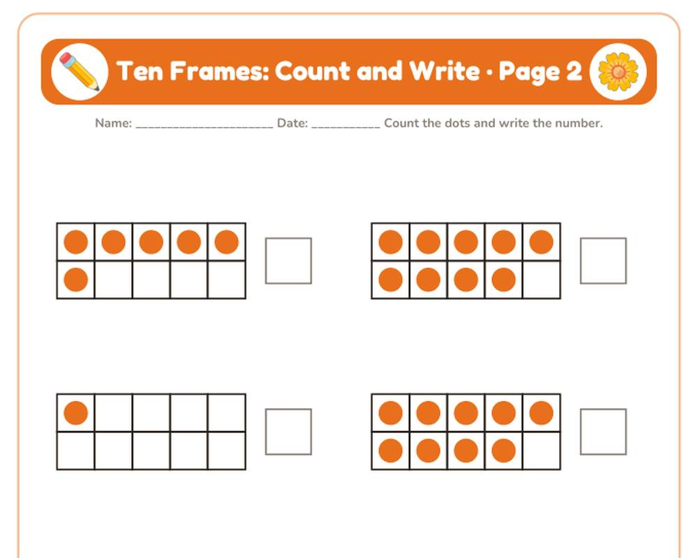 Free printable Ten Frames Counting sample page