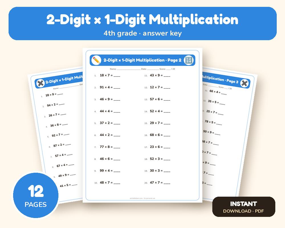 2-Digit × 1-Digit Multiplication Worksheets: 10 Printable Pages with Answer Key (4th grade) printable preview 1