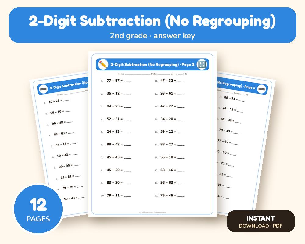 2-Digit Subtraction (No Regrouping) Worksheets: 10 Printable Pages with Answer Key (2nd grade) printable preview 1