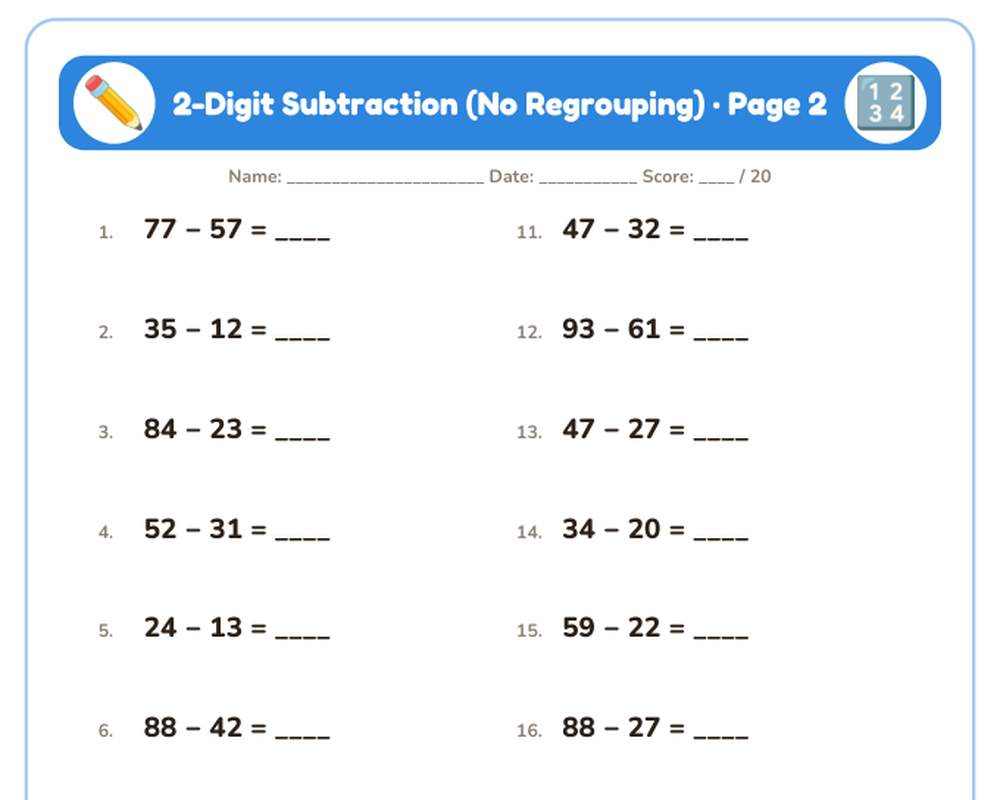 2-Digit Subtraction (No Regrouping) Worksheets: 10 Printable Pages with Answer Key (2nd grade) printable preview 2