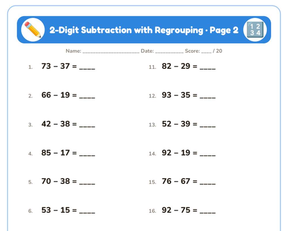 Free printable 2-Digit Subtraction with Regrouping sample page
