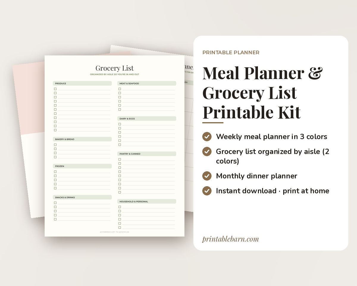 Meal Planner & Grocery List Printable Kit: Weekly Menu, Grocery List by Aisle, Pantry Inventory & 50 Dinner Ideas printable preview 1