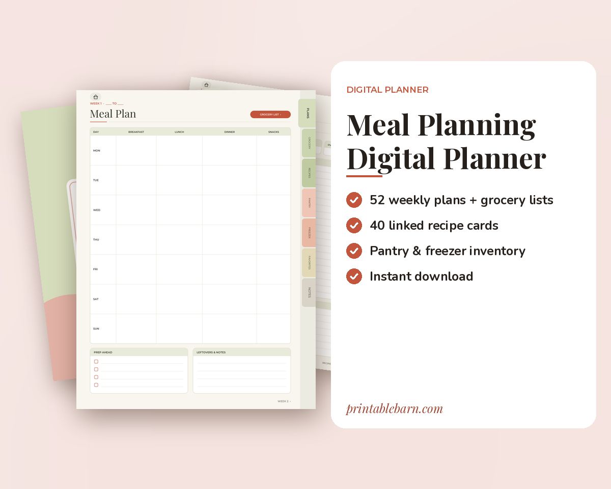 Meal Planner Digital: Hyperlinked Weekly Meal Plans, Grocery Lists & Recipe Cards for GoodNotes