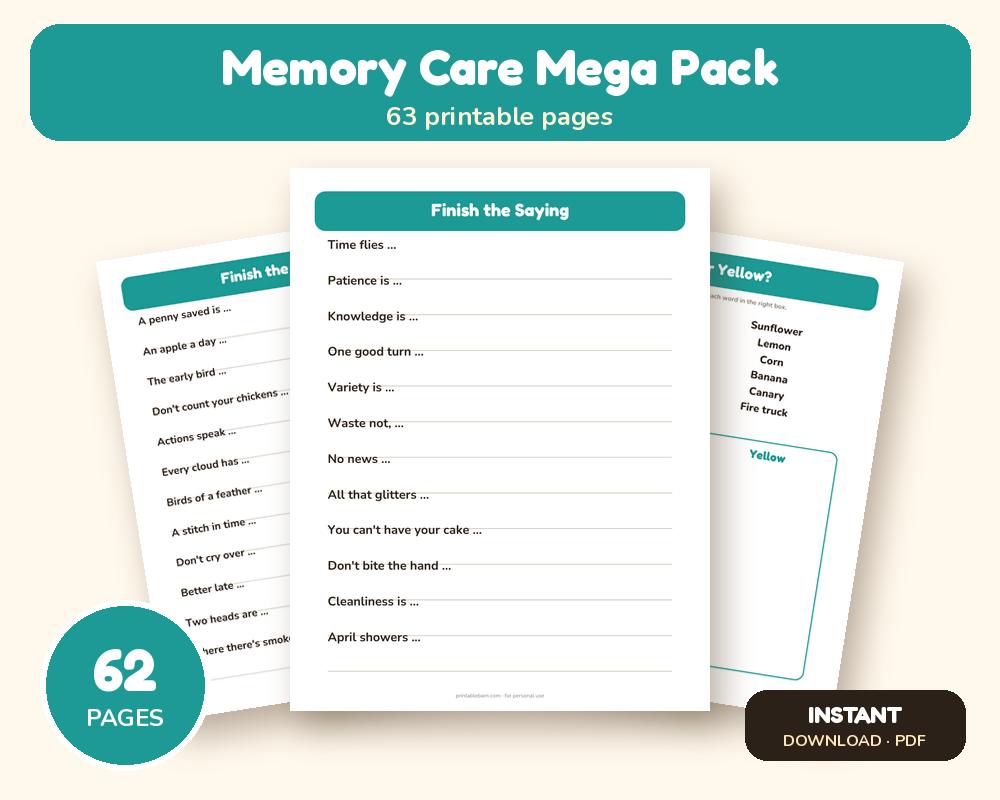 Dementia & Memory Care Activity Mega Pack: 7 Large-Print Activity Sets printable preview 1
