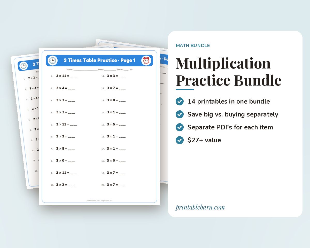 Multiplication Practice Bundle: Times Tables 2-12, Facts 0-12 & Multi-Digit Worksheets with Answer Keys printable preview 1