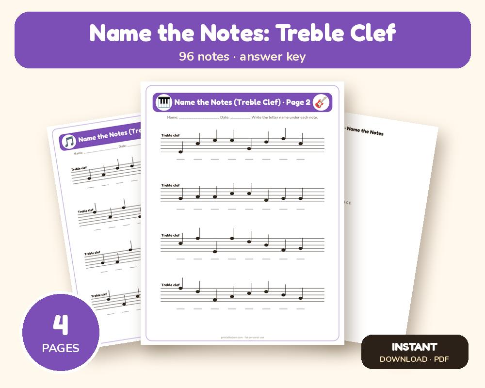 Music Theory Worksheets: Name the Notes on the Treble Clef (3 Pages + Key) printable preview 1