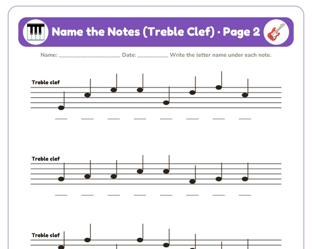 Music Theory Worksheets: Name the Notes on the Treble Clef (3 Pages + Key) printable preview 2