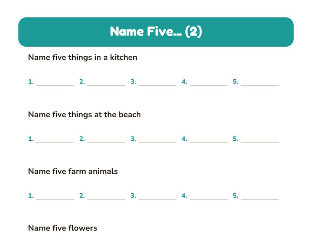 Name Five: 30 Category Brain Games for Seniors (Large Print) printable preview 2