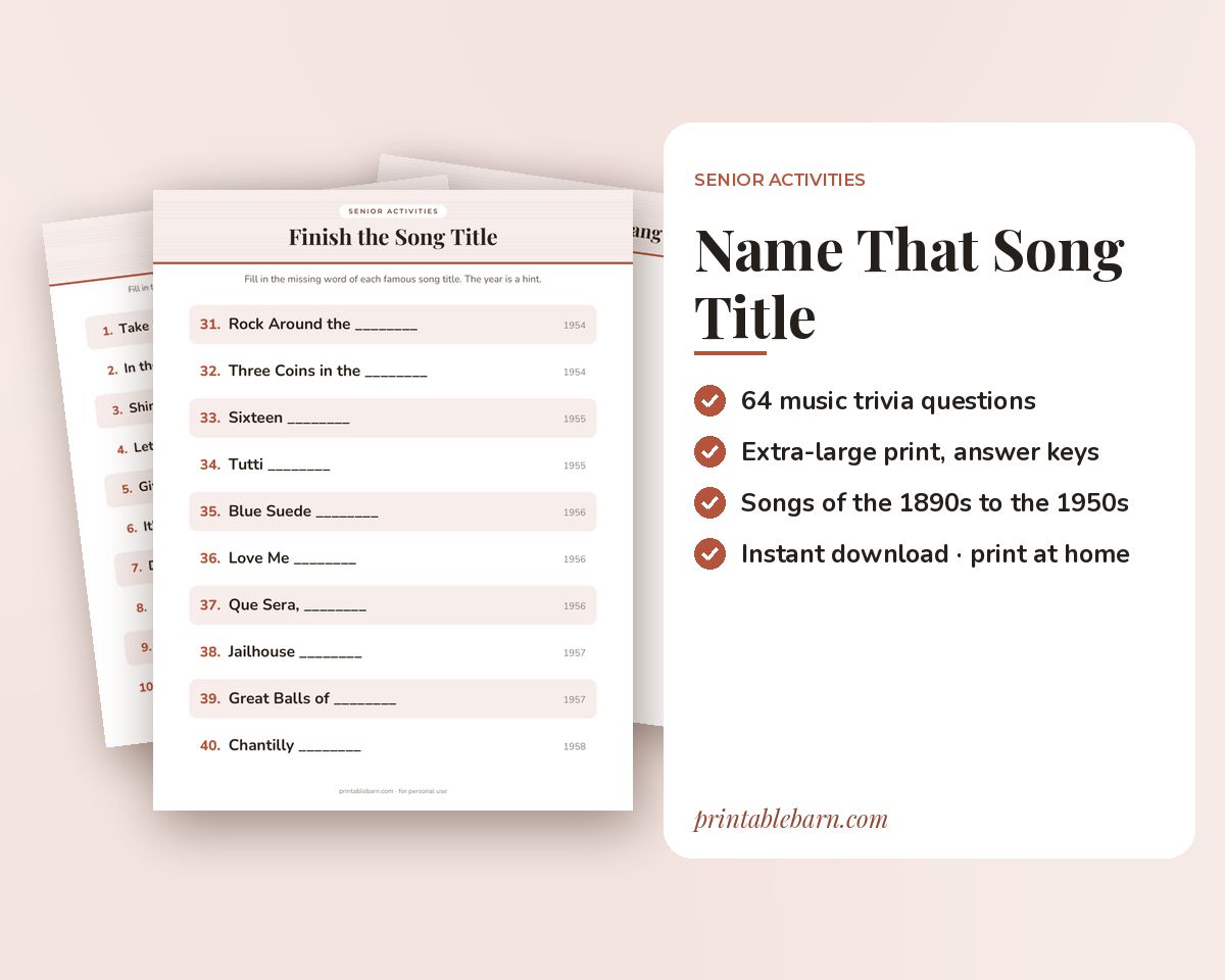 Name That Song Title: 64 Large-Print Music Trivia Questions for Seniors (1890s-1950s) printable preview 1