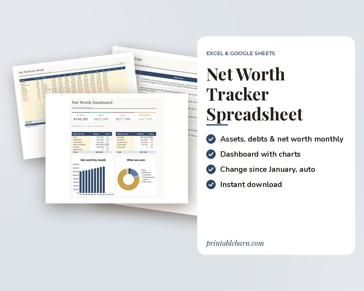 Net Worth Tracker Spreadsheet: Monthly Assets & Debts Dashboard for Excel & Google Sheets