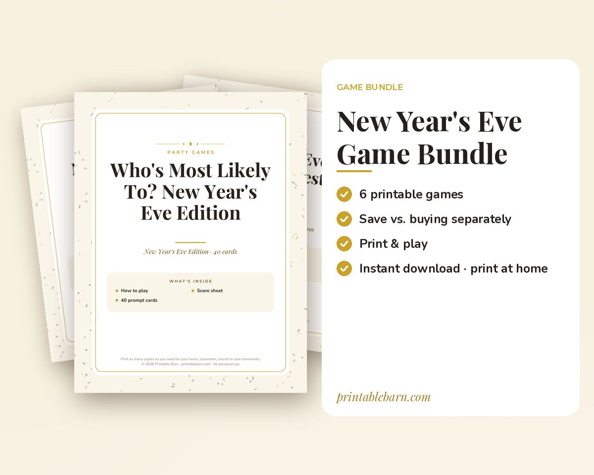 New Year's Eve Games Bundle: 6 Printable Party Games (Would You Rather, Most Likely To, Find the Guest & More) printable preview 1