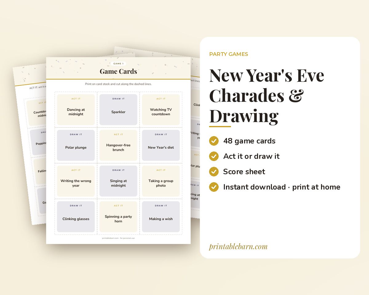 New Year's Eve Charades & Drawing Game: 48 Printable Act It / Draw It Cards