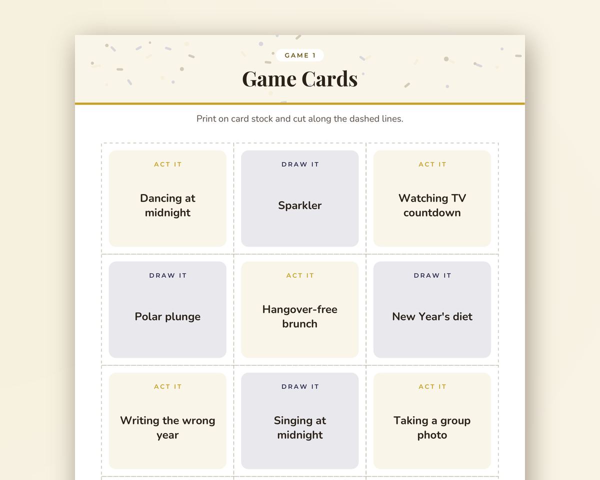 Free printable New Year's Eve Charades & Drawing Game sample page