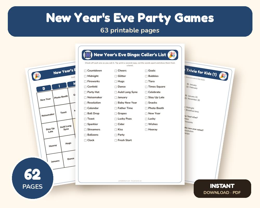 New Year's Eve Party Games Bundle: 15+ Printable Games