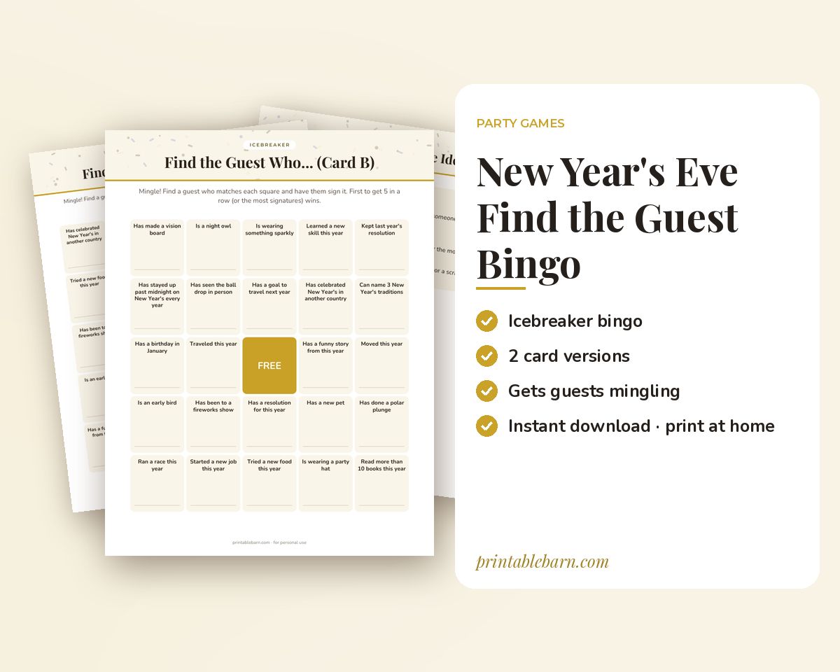 New Year's Eve Find the Guest Bingo: Printable Icebreaker Game (2 Card Versions) printable preview 1