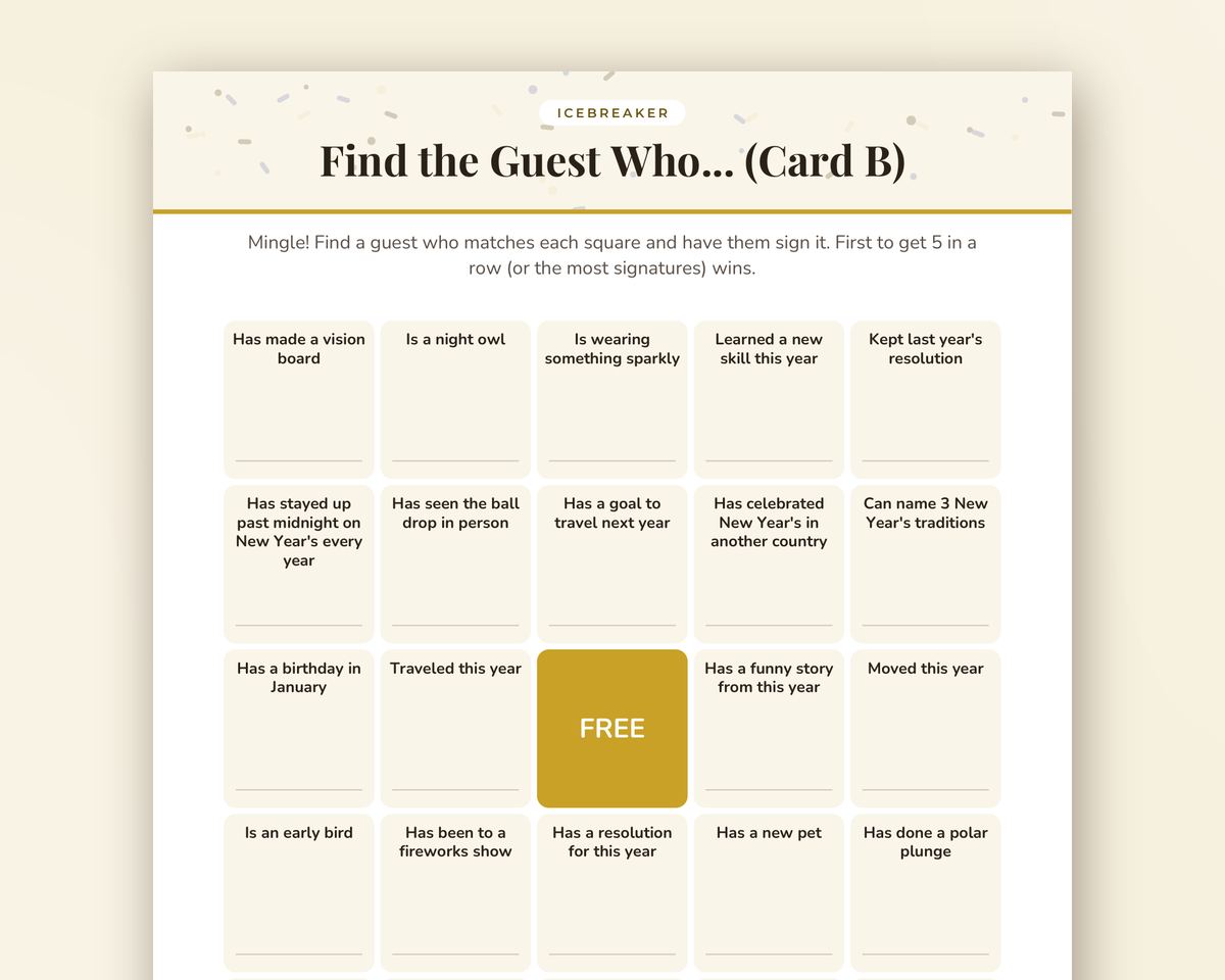 Free printable New Year's Eve Find the Guest Bingo sample page