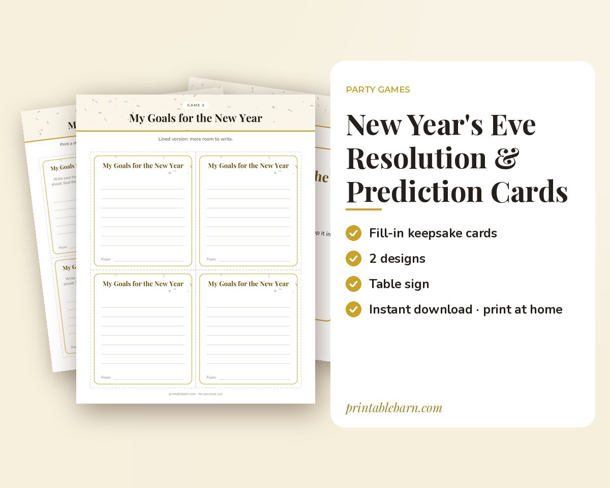 New Year's Eve Resolution & Prediction Cards: Printable Fill-in Cards + Table Sign printable preview 1