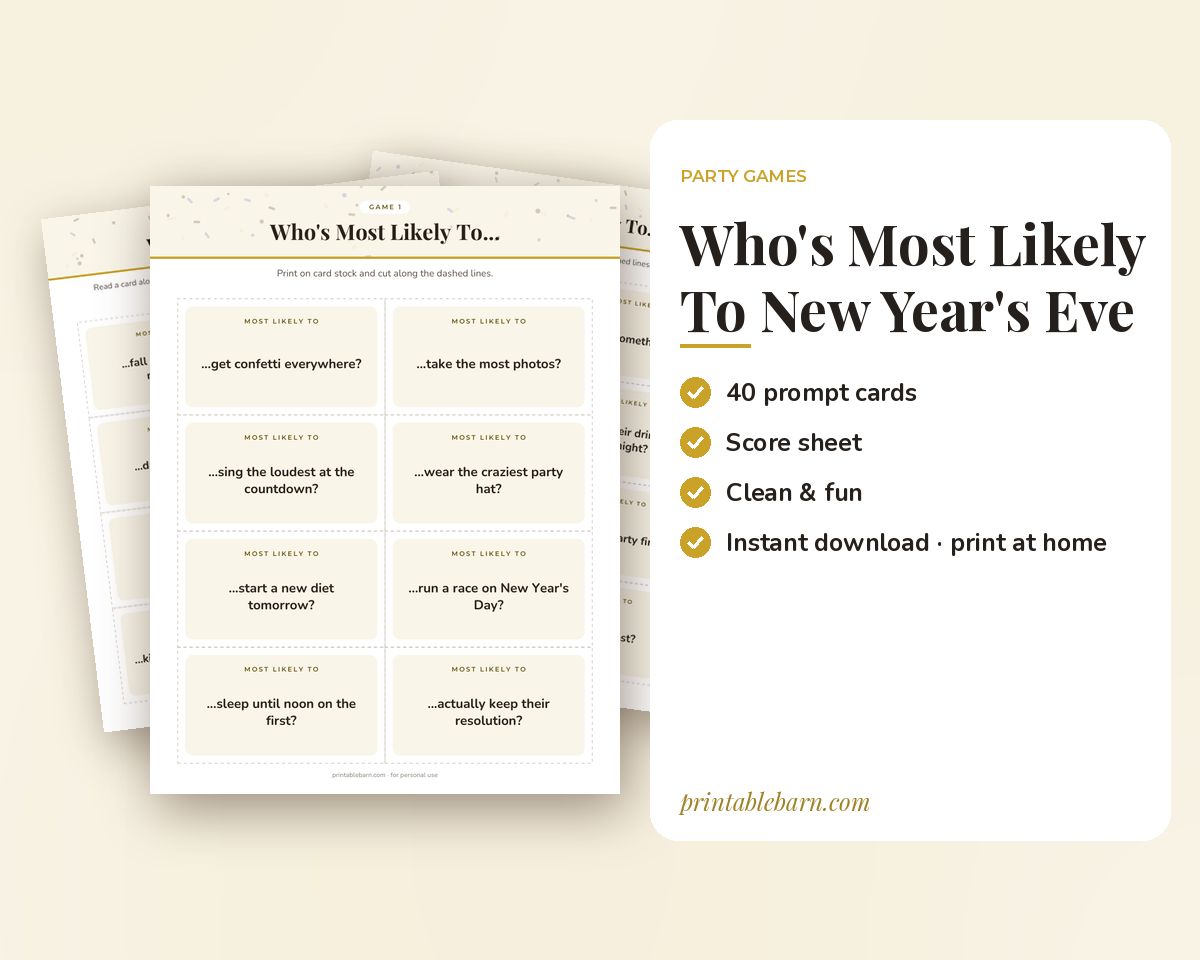Who's Most Likely To: New Year's Eve Edition, 40 Printable Game Cards printable preview 1