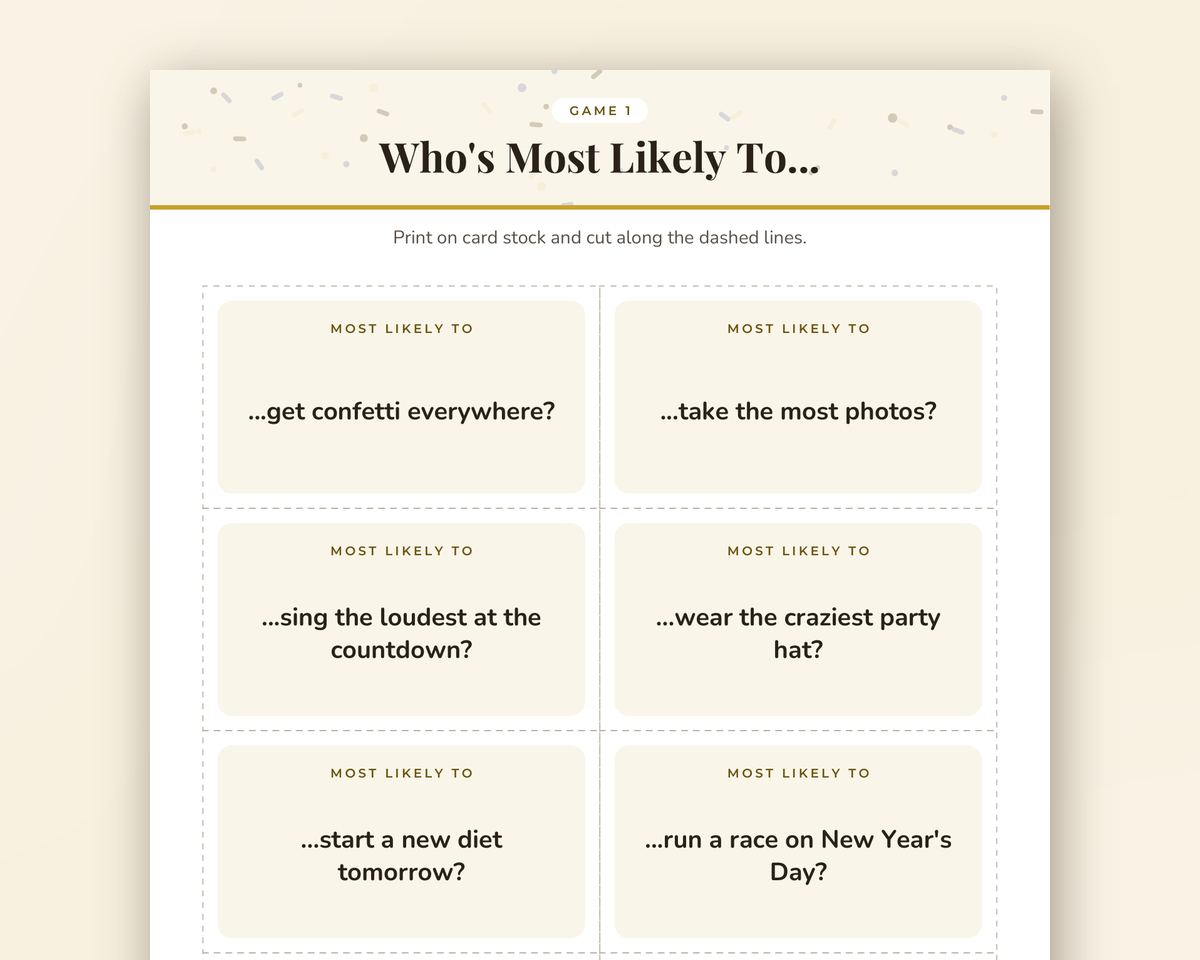 Who's Most Likely To: New Year's Eve Edition, 40 Printable Game Cards printable preview 2