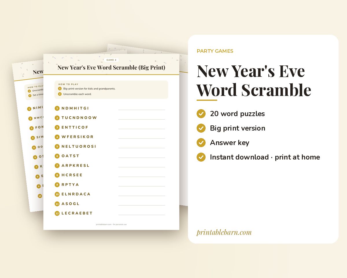 New Year's Eve Word Scramble Game: 20 Printable Word Puzzles with Answer Key printable preview 1
