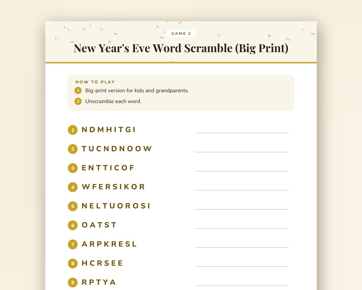 New Year's Eve Word Scramble Game: 20 Printable Word Puzzles with Answer Key printable preview 2
