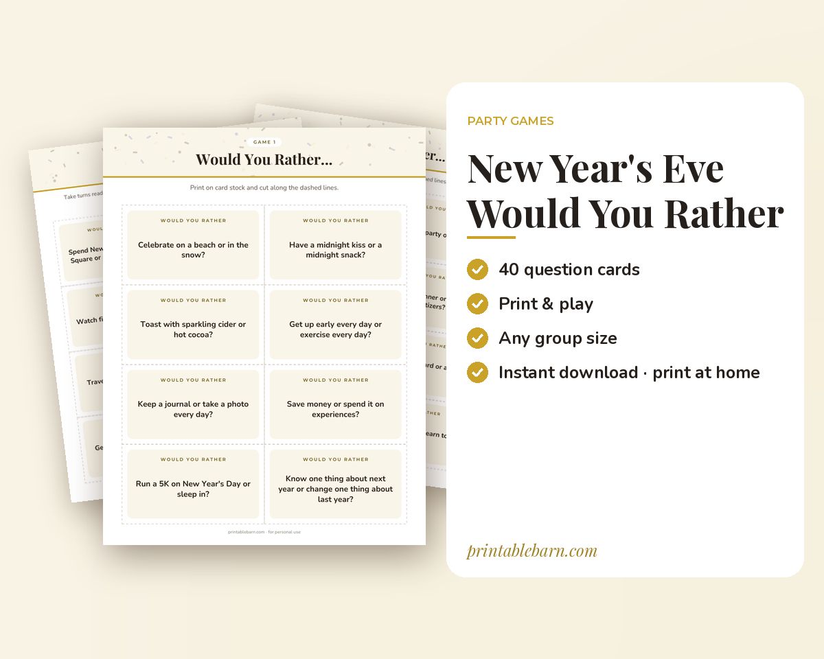 New Year's Eve Would You Rather Game: 40 Printable Question Cards printable preview 1
