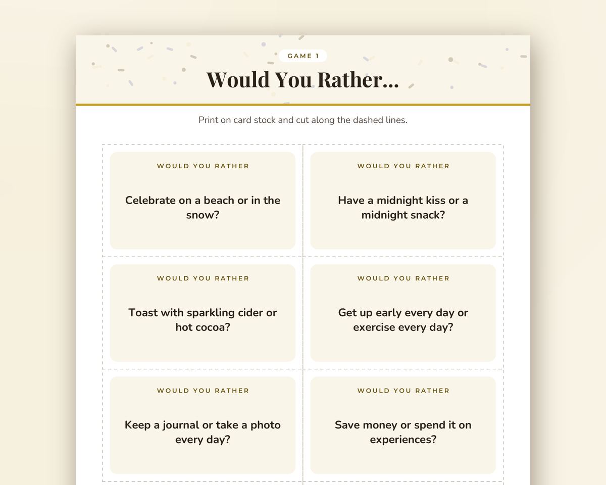New Year's Eve Would You Rather Game: 40 Printable Question Cards printable preview 2