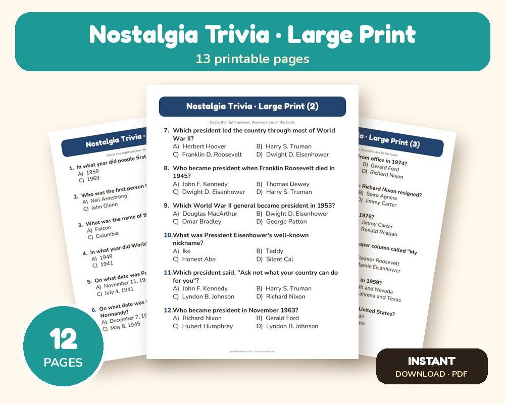 Nostalgia Trivia for Seniors: 60 Large-Print Questions (1940s–1970s) printable preview 1