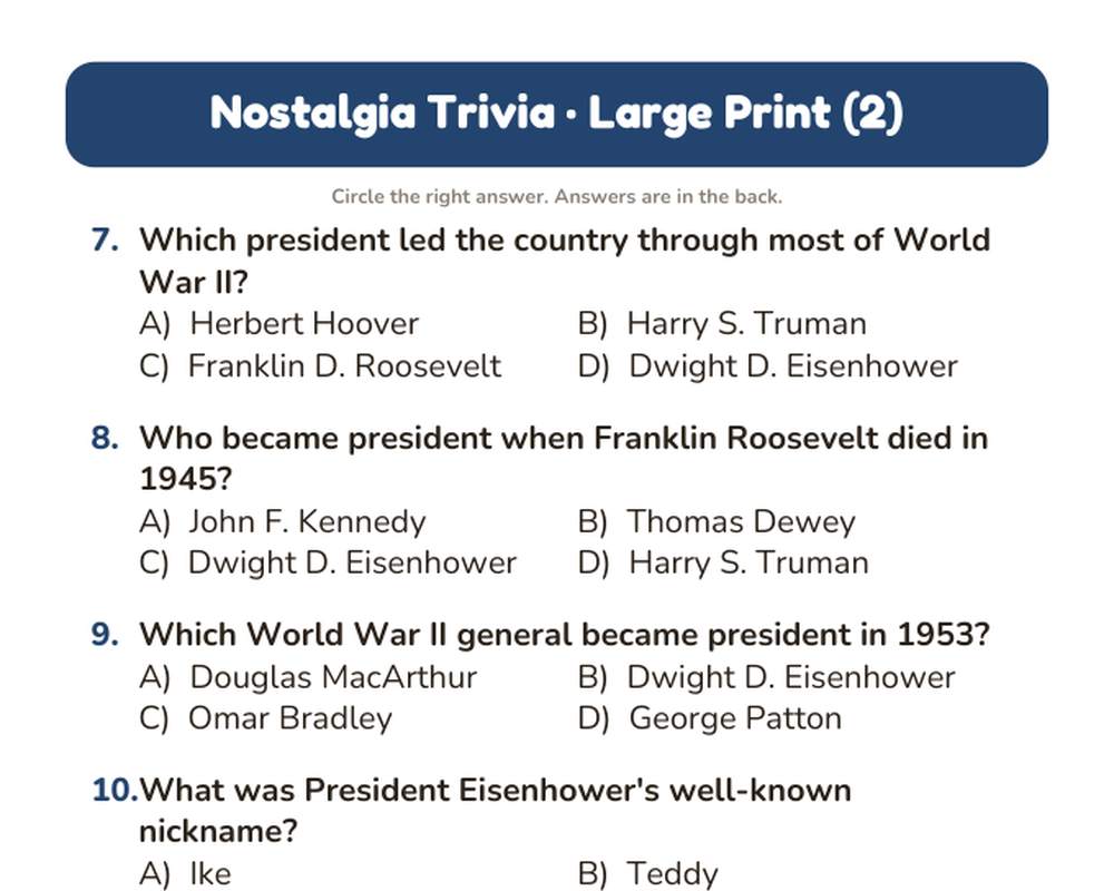 Free printable Nostalgia Trivia for Seniors sample page
