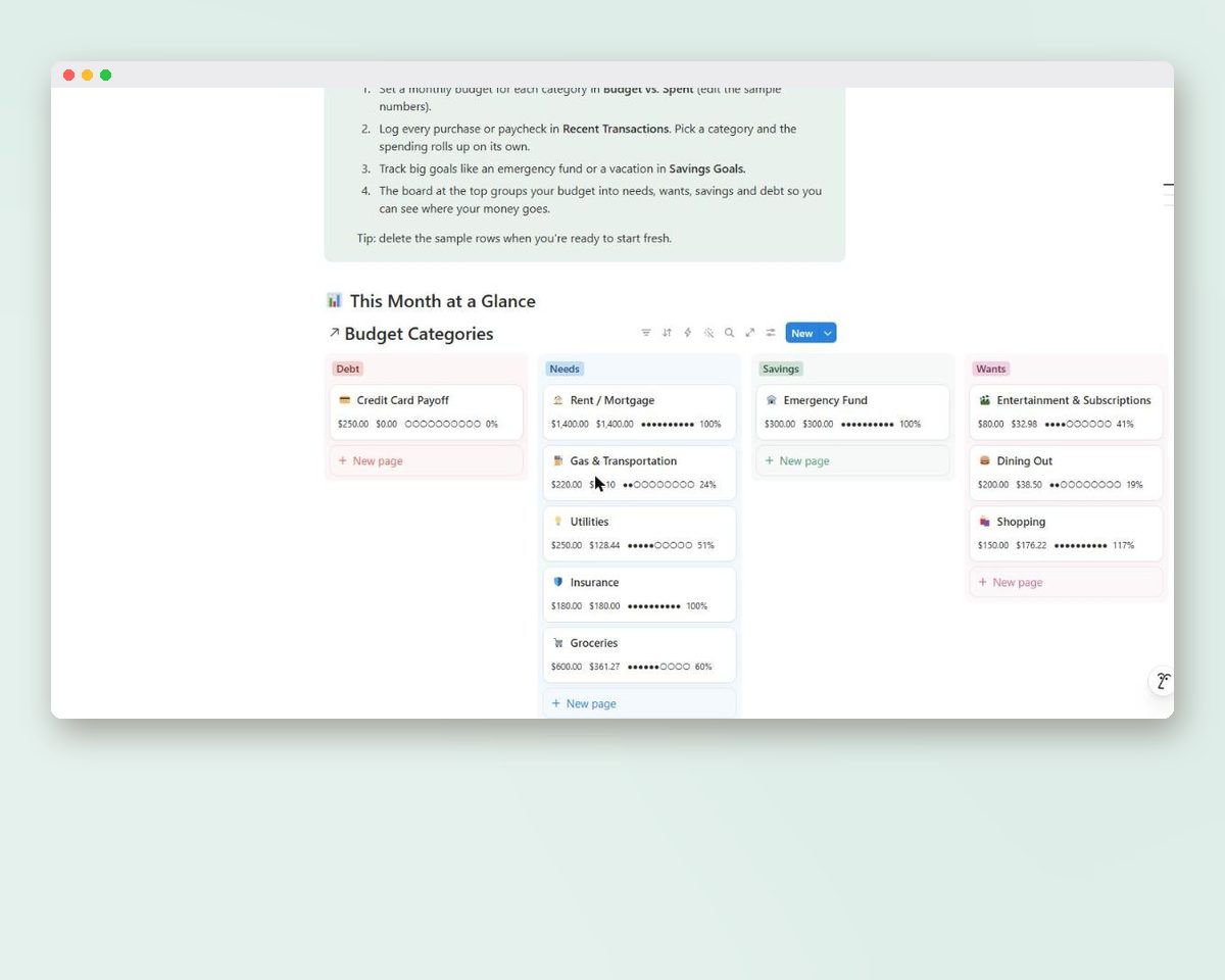Notion Budget Template: Monthly Budget & Expense Tracker with Savings Goals printable preview 2