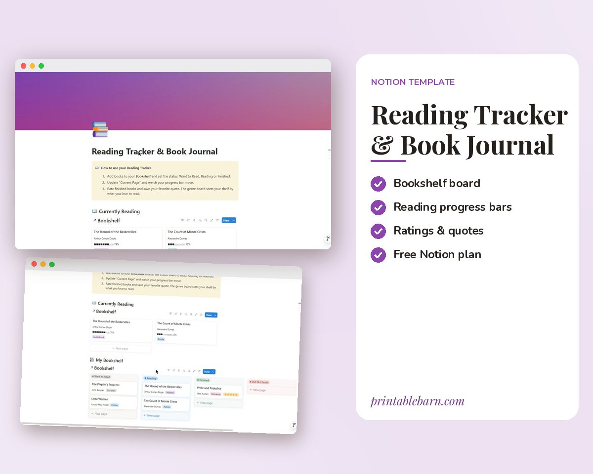 Notion Reading Tracker Template: Book Journal, Bookshelf & Reading Progress