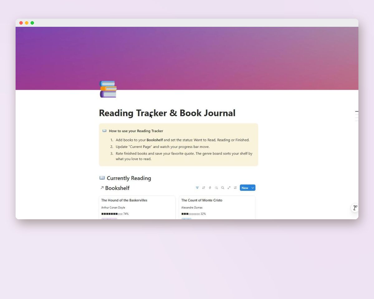 Notion Reading Tracker Template: Book Journal, Bookshelf & Reading Progress printable preview 2