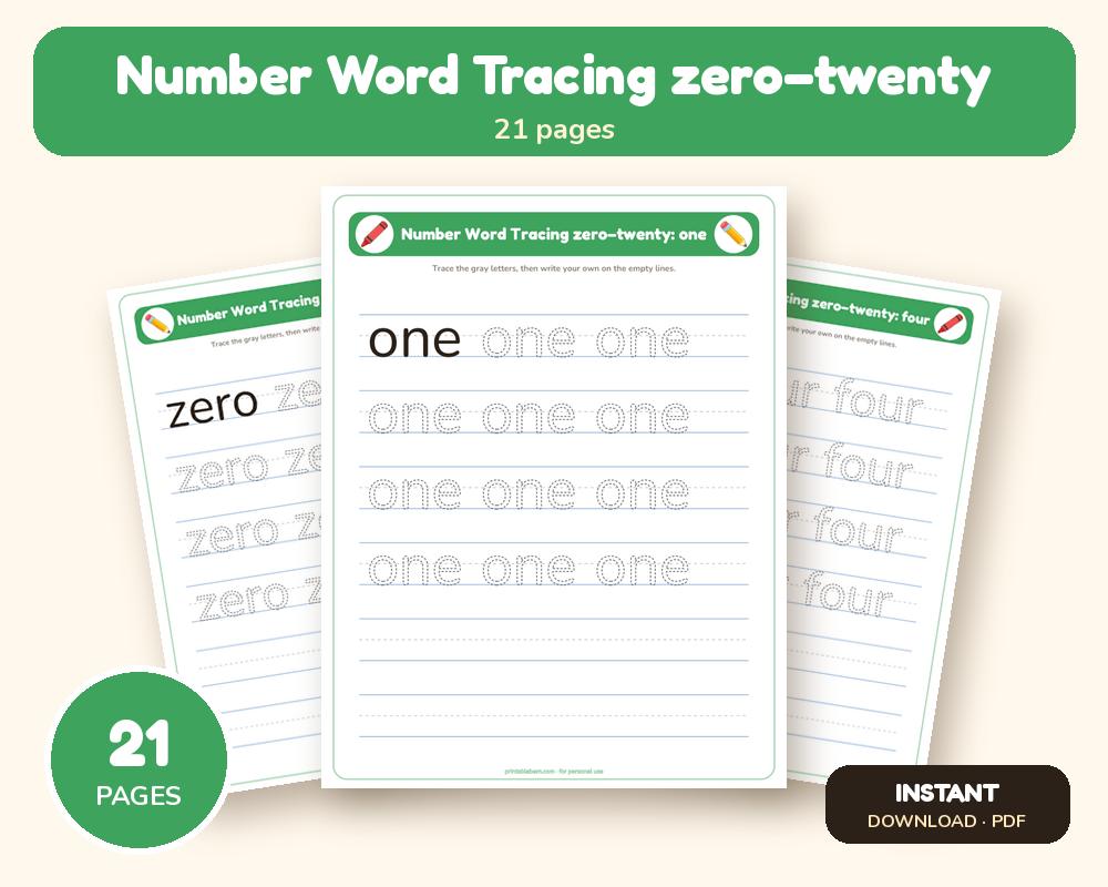 Number Word Tracing zero–twenty Worksheets (Printable Handwriting Practice) printable preview 1
