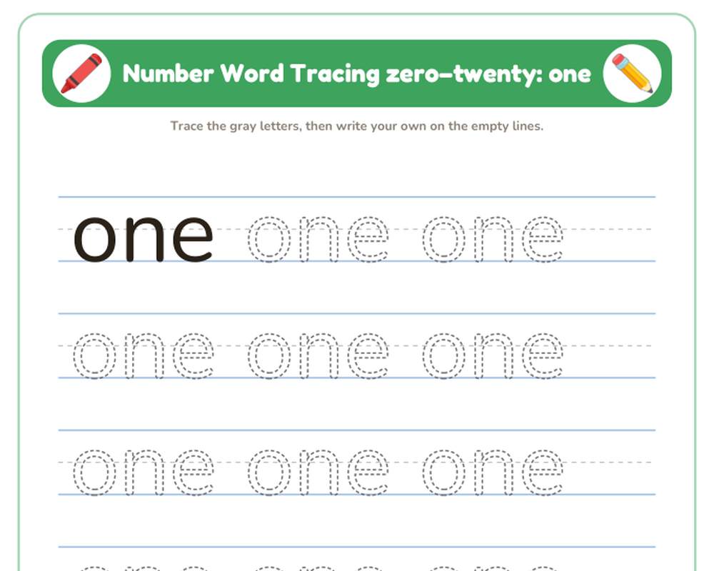 Number Word Tracing zero–twenty Worksheets (Printable Handwriting Practice) printable preview 2