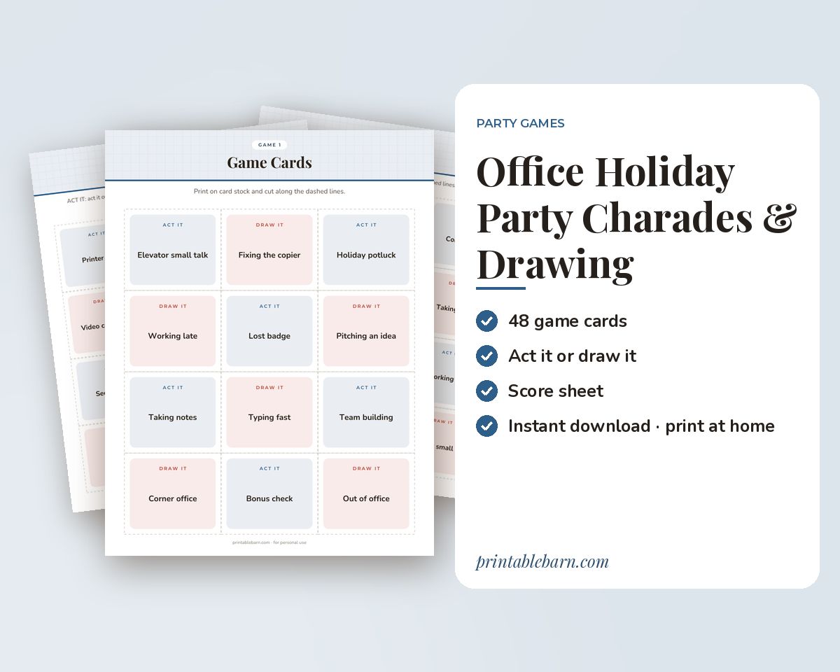 Office Holiday Party Charades & Drawing Game: 48 Printable Act It / Draw It Cards printable preview 1