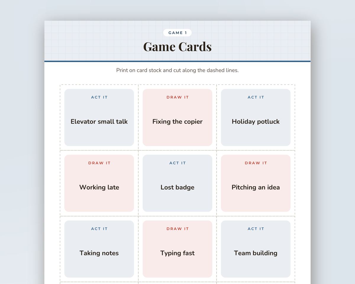 Office Holiday Party Charades & Drawing Game: 48 Printable Act It / Draw It Cards printable preview 2
