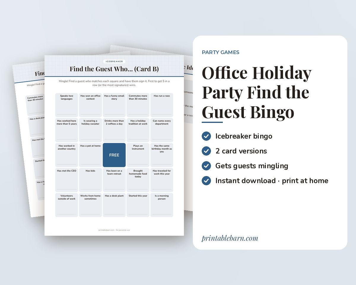 Office Holiday Party Find the Guest Bingo: Printable Icebreaker Game (2 Card Versions)