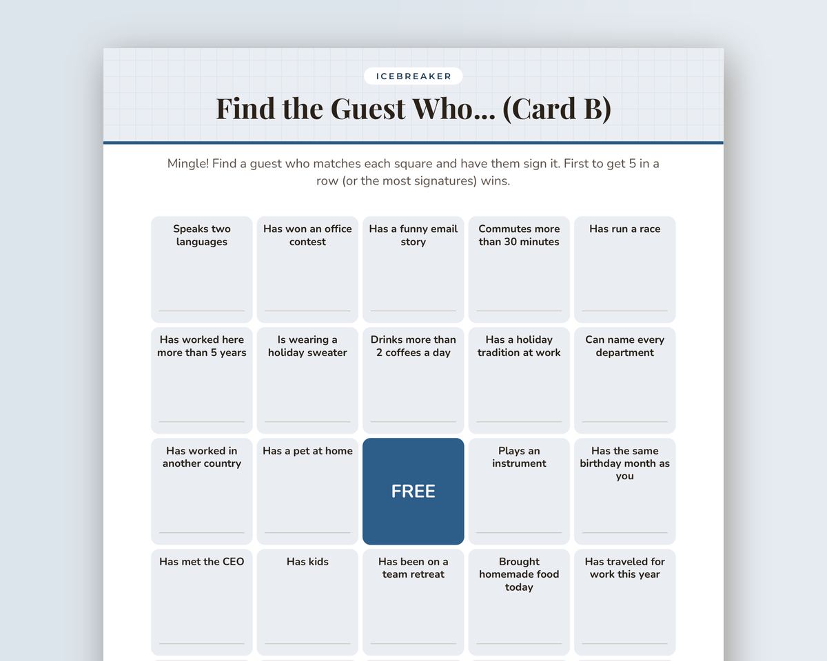 Free printable Office Holiday Party Find the Guest Bingo sample page