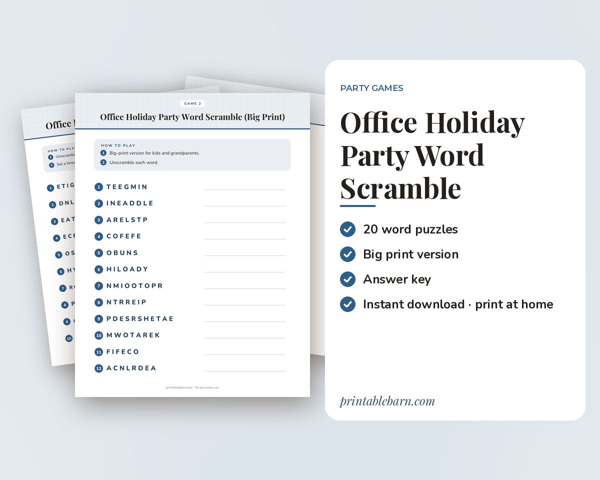 Office Holiday Party Word Scramble Game: 20 Printable Word Puzzles with Answer Key
